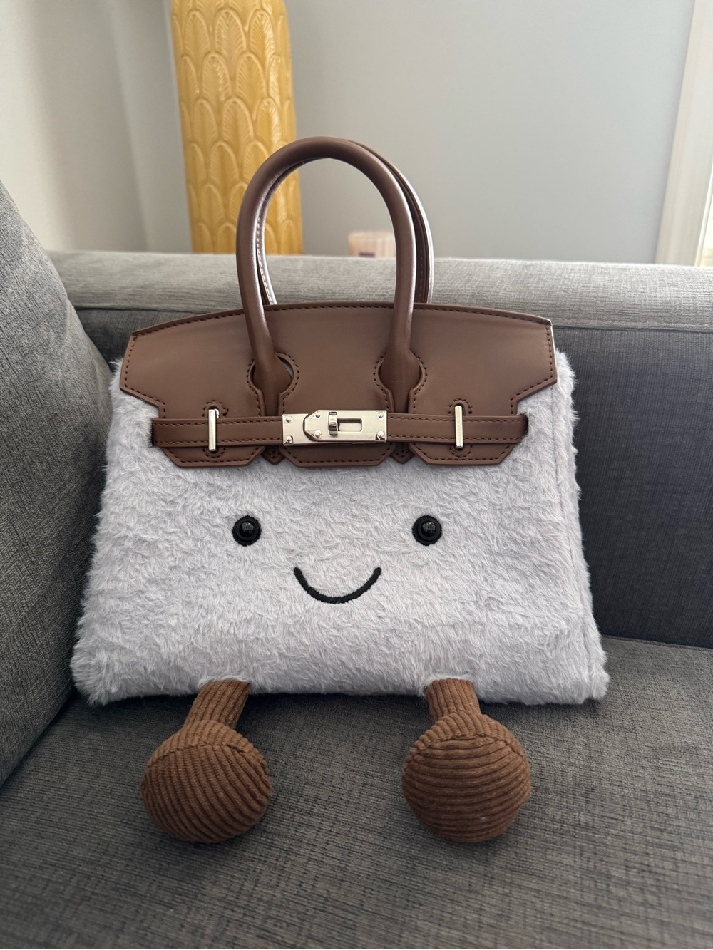 Light Blue Leather-Trim Plush Tote Bag with Smiley Face Size 25